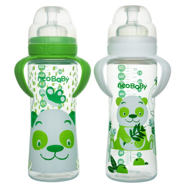NEOBABY BIBERÃO EM PP SILICONE C/PEGAS VERDE 4M+ 330ML